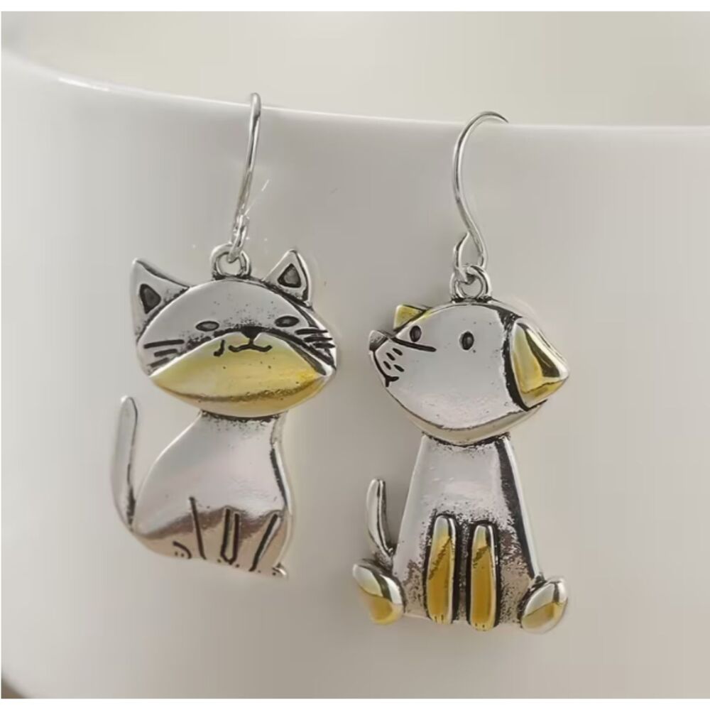 Stainless Steel and Gold Cat & Dog Dangle Earrings - Picture 4 of 5